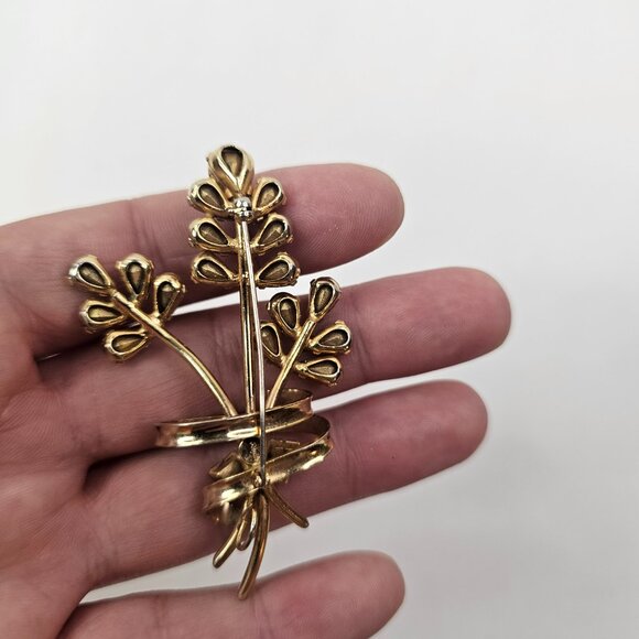 Phyllis Gold Tone Flower Brooch Blue Clear Rhinestone Open Back Bouquet Pin - Picture 7 of 8